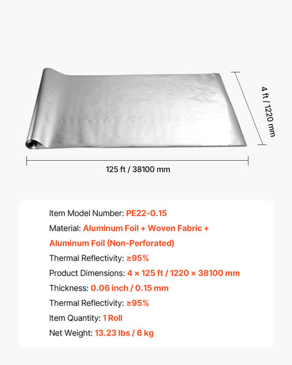 Double Reflective Insulation Roll, Non-Perforated Woven Fabric Radiant Barrier, 0.15mm 38.1m x 1.22m, Double-Sided Aluminum Foil Heat Reflective Shield, Thermal Insulation Roll for Window Roof