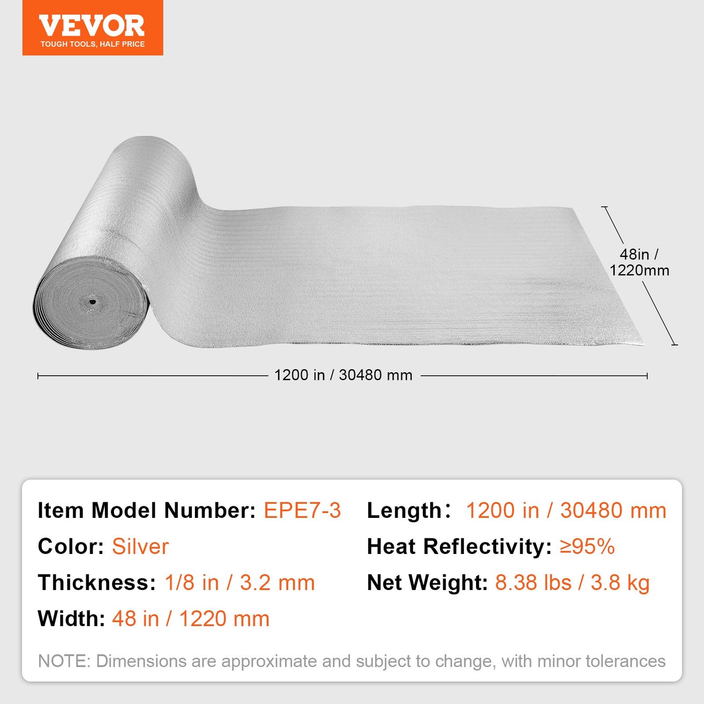 VEVOR Double Reflective Insulation Roll Foam Core Radiant Barrier 1200 x 48 Inch