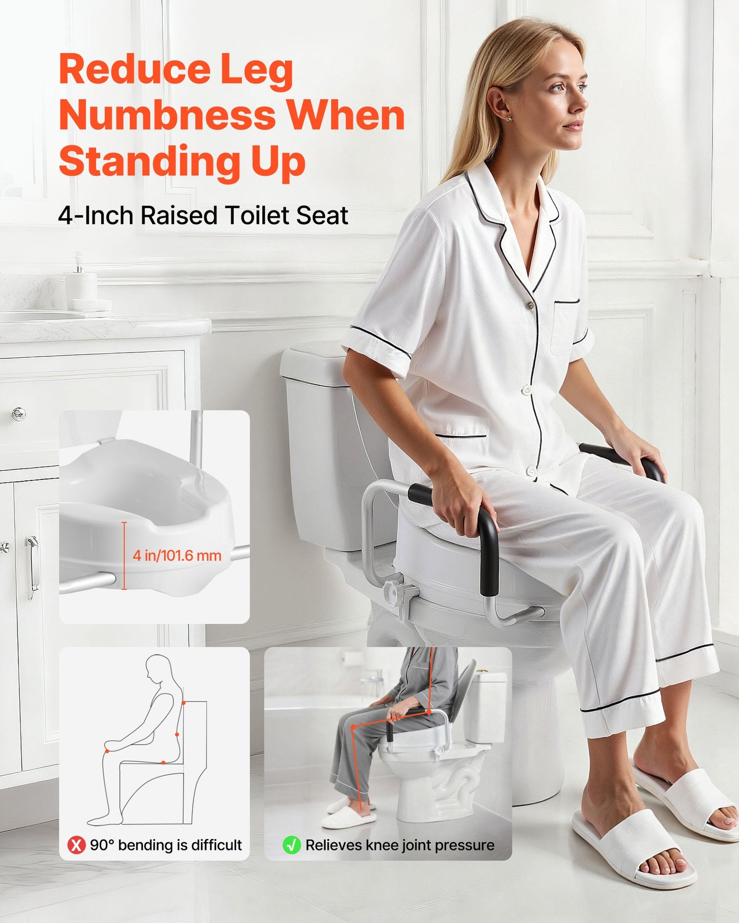 Raised Toilet Seat with Arms, 136.1 kg Load Capacity, 101.6 mm Lift Height, Widened Commode Elevated Toilet Seat Riser with Padded Handles for Seniors, Elderly, Handicap, Disabled, and Adults