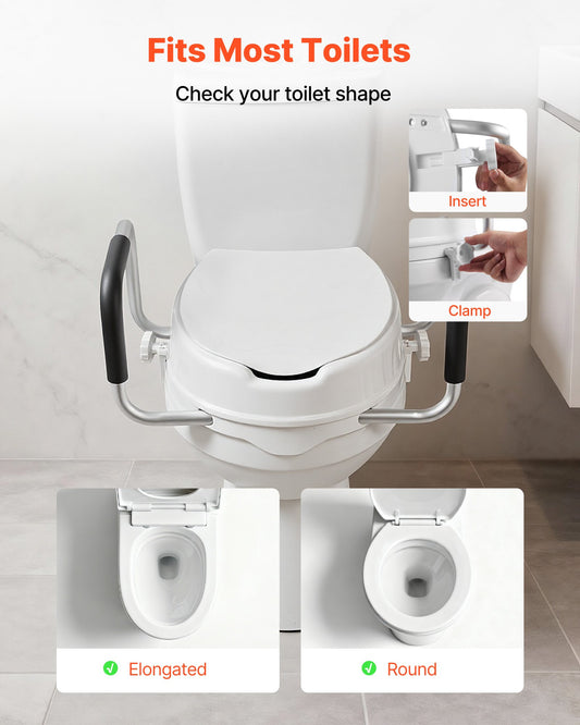 Raised Toilet Seat with Arms, 136.1 kg Load Capacity, 101.6 mm Lift Height, Widened Commode Elevated Toilet Seat Riser with Padded Handles for Seniors, Elderly, Handicap, Disabled, and Adults