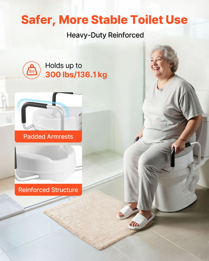 Raised Toilet Seat with Arms, 136.1 kg Load Capacity, 101.6 mm Lift Height, Widened Commode Elevated Toilet Seat Riser with Padded Handles for Seniors, Elderly, Handicap, Disabled, and Adults