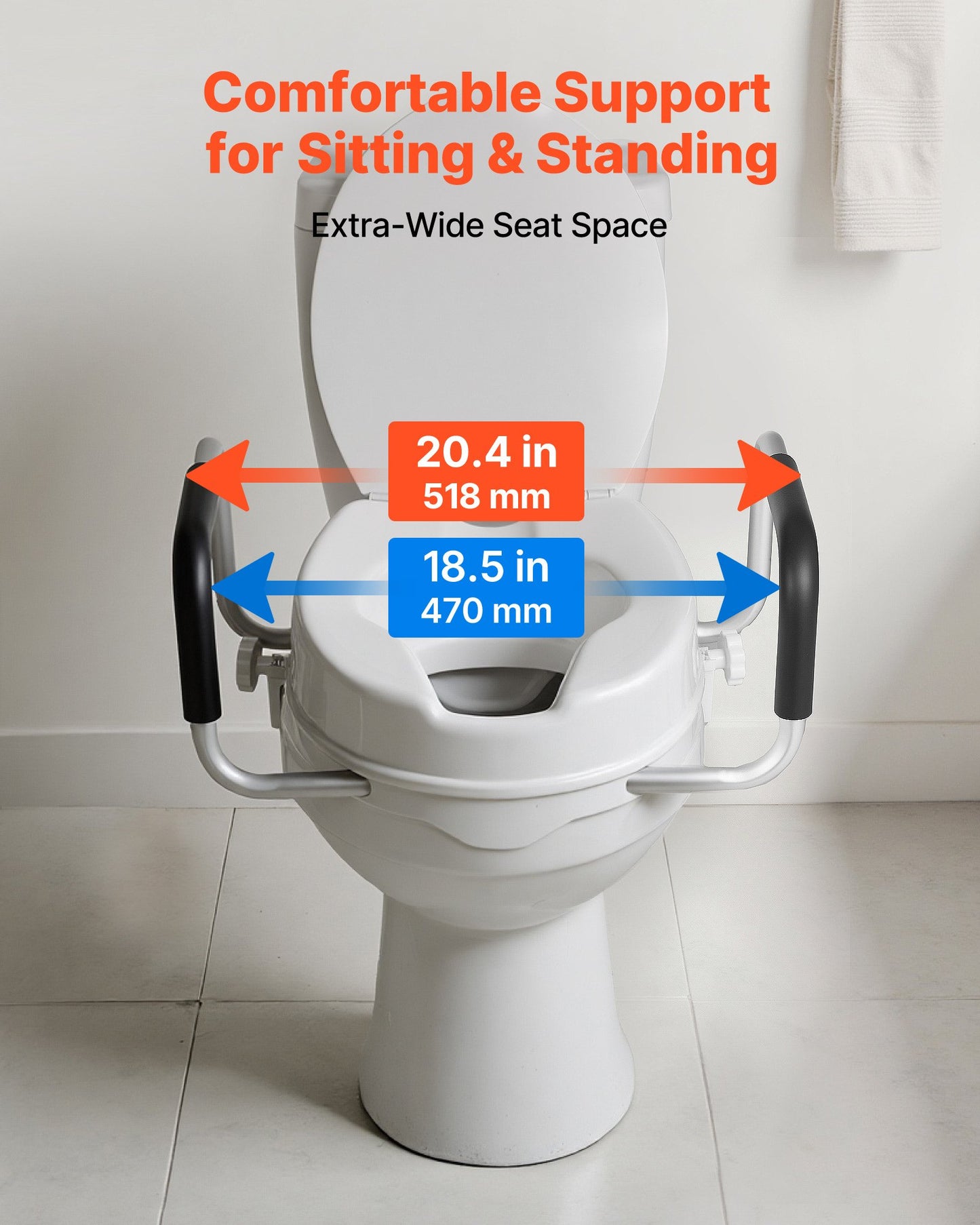 Raised Toilet Seat with Arms, 136.1 kg Load Capacity, 101.6 mm Lift Height, Widened Commode Elevated Toilet Seat Riser with Padded Handles for Seniors, Elderly, Handicap, Disabled, and Adults