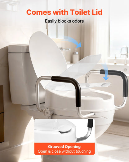 Raised Toilet Seat with Arms, 136.1 kg Load Capacity, 101.6 mm Lift Height, Widened Commode Elevated Toilet Seat Riser with Padded Handles for Seniors, Elderly, Handicap, Disabled, and Adults