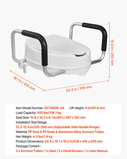 Raised Toilet Seat with Arms, 136.1 kg Load Capacity, 101.6 mm Lift Height, Widened Commode Elevated Toilet Seat Riser with Padded Handles for Seniors, Elderly, Handicap, Disabled, and Adults