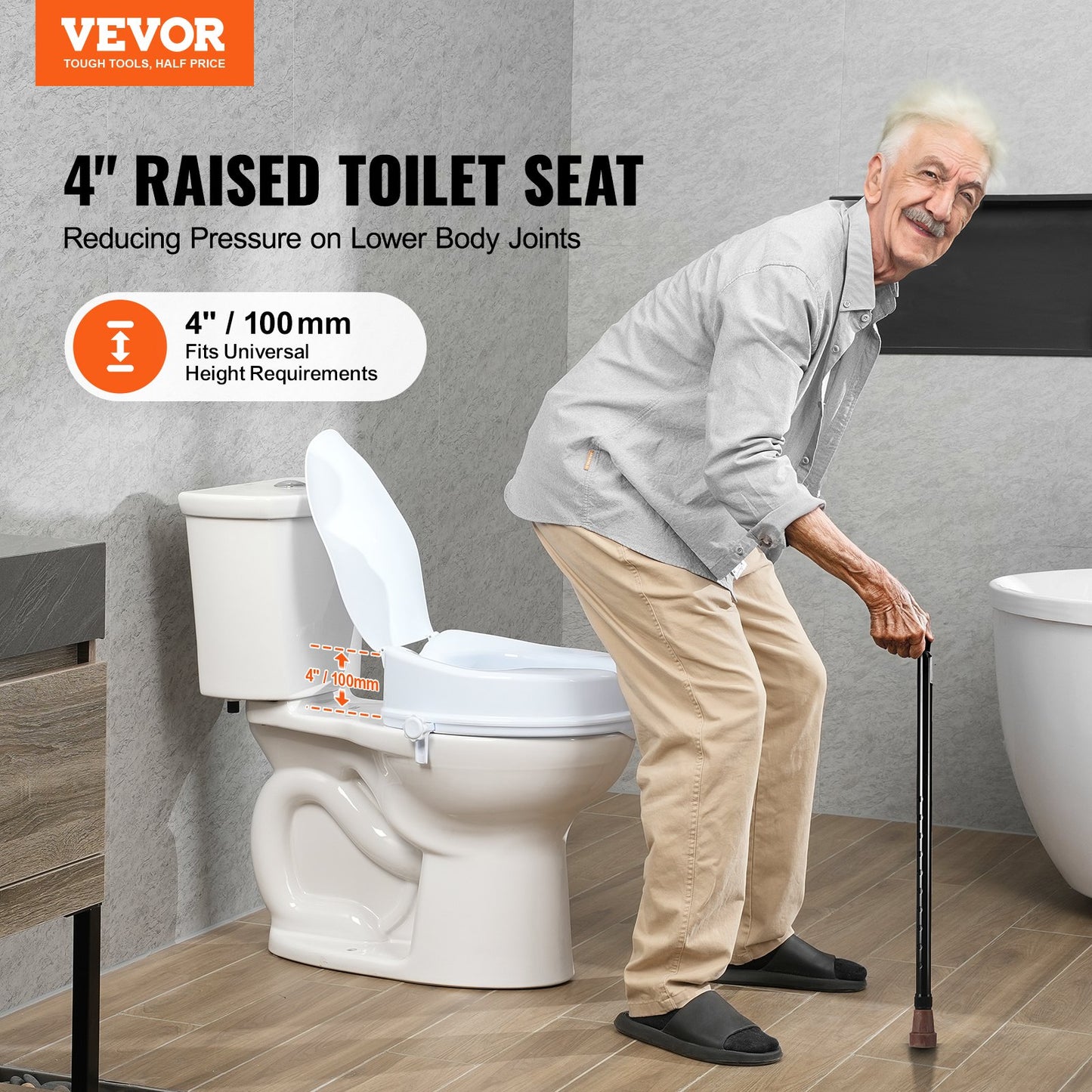 VEVOR Raised Toilet Seat, 100 mm Height Raised, 136 kg Weight Capacity, Universal