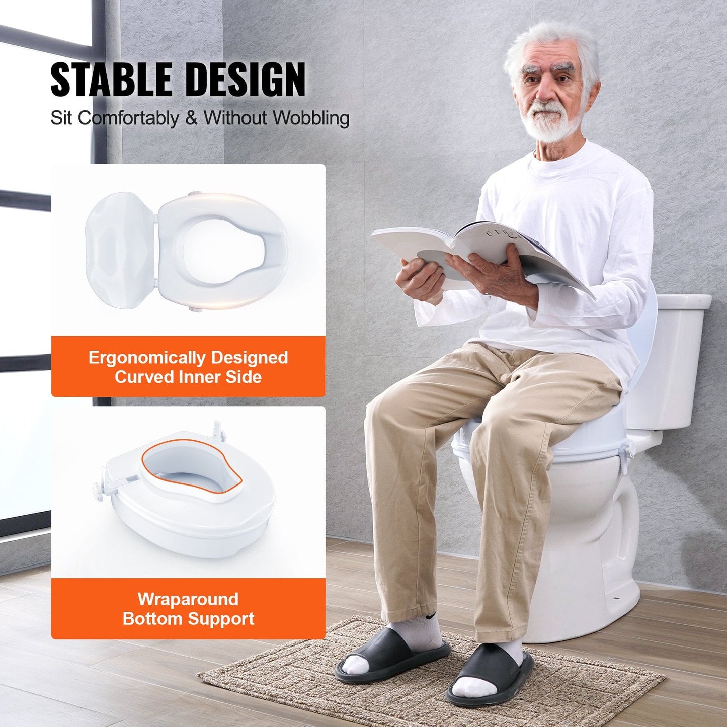 Universal Raised Toilet Seat Riser, 0.1m Height, 136kg Capacity, Easy Locking