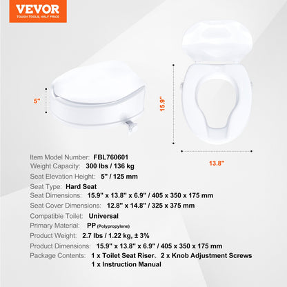 VEVOR Raised Toilet Seat, 125mm Height Raised, 136 kg Weight Capacity, Universal