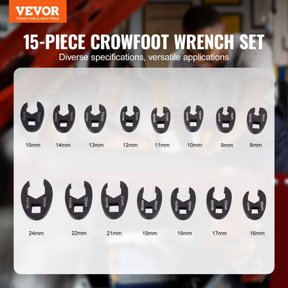 15-Piece Metric Crowfoot Wrench Set with Storage Case, 8-24 mm, CRMO Steel