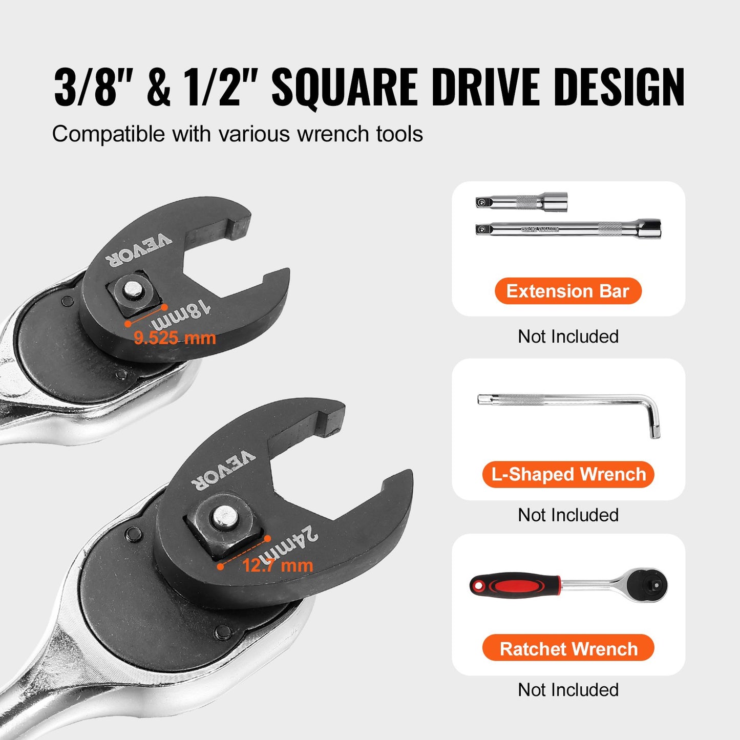 VEVOR Crowfoot Wrench Set, 1/2" and 3/8" Drive 15-Piece Crows Foot Wrench Set with