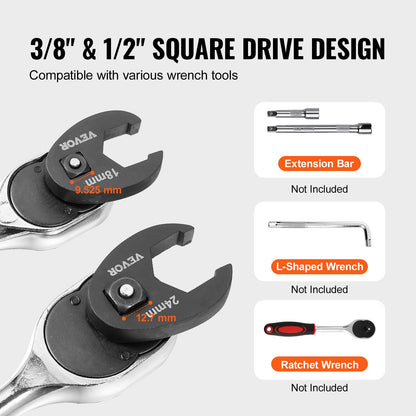 VEVOR Crowfoot Wrench Set, 1/2" and 3/8" Drive 15-Piece Crows Foot Wrench Set with