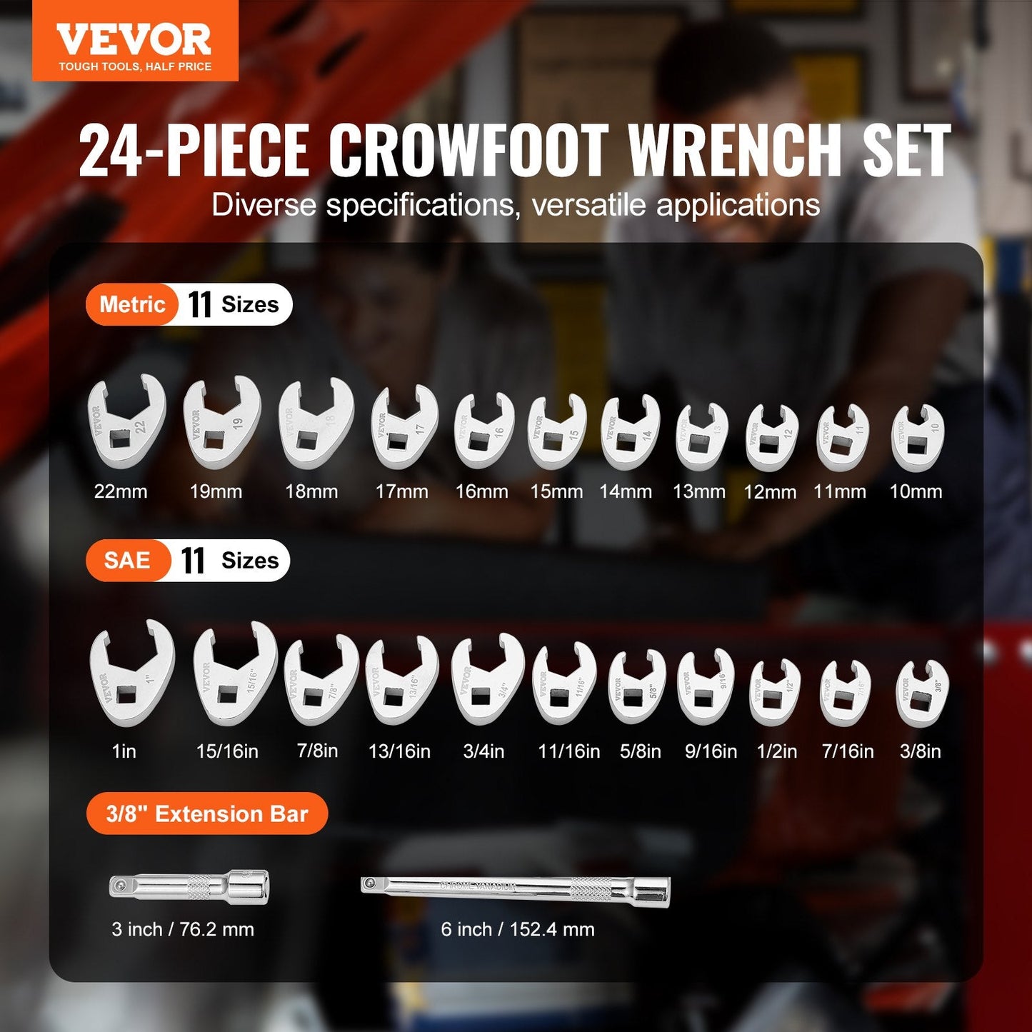 24-Piece Crowfoot Wrench Set with Extensions, SAE & Metric, CR-MO Steel