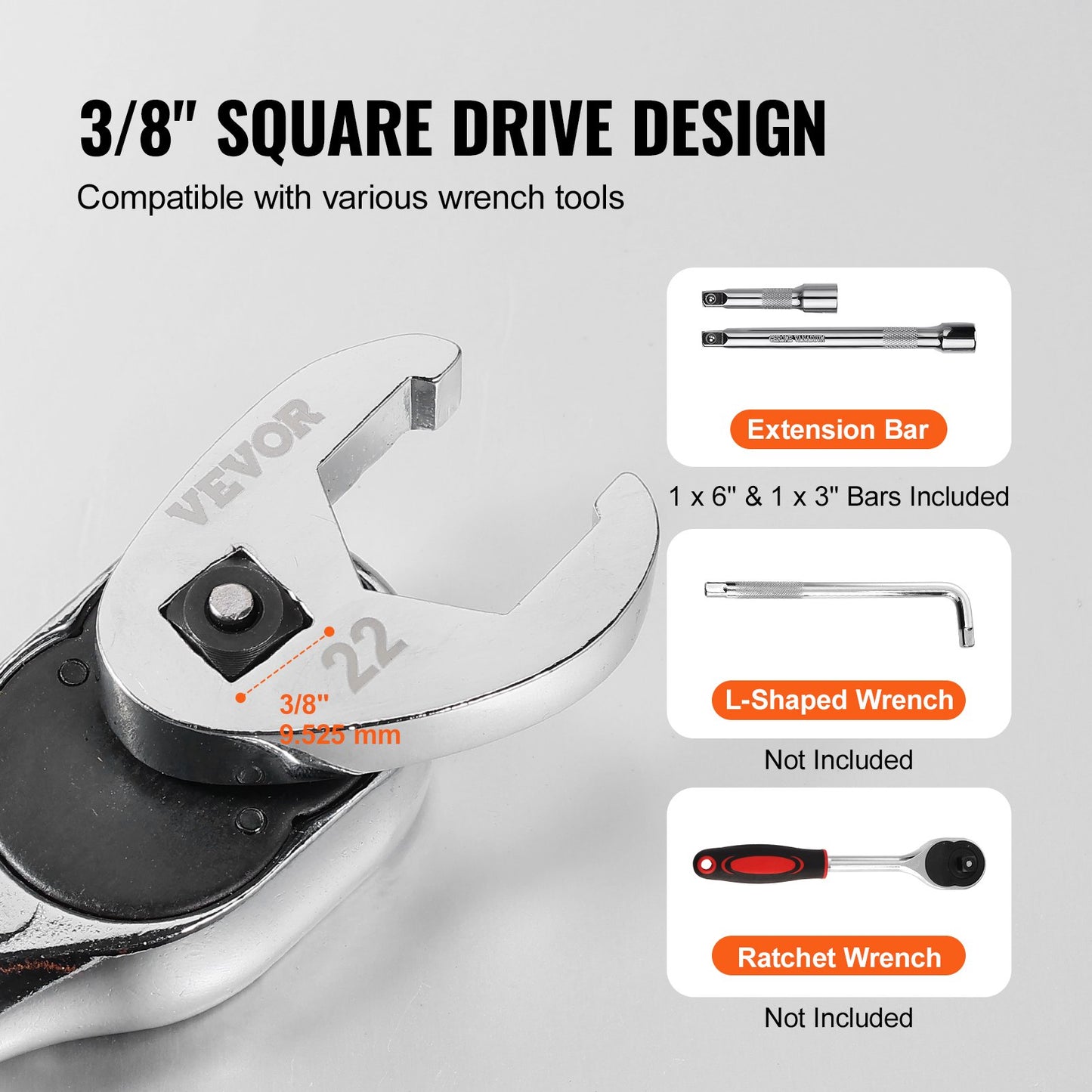 VEVOR 3/8" Drive Crowfoot Wrench Set with 2 Extension Bars, 24-Piece Crows Foot
