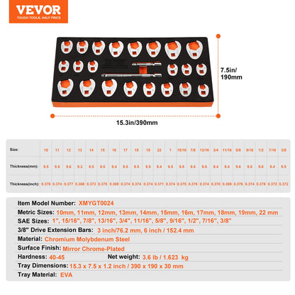 VEVOR 3/8" Drive Crowfoot Wrench Set with 2 Extension Bars, 24-Piece Crows Foot