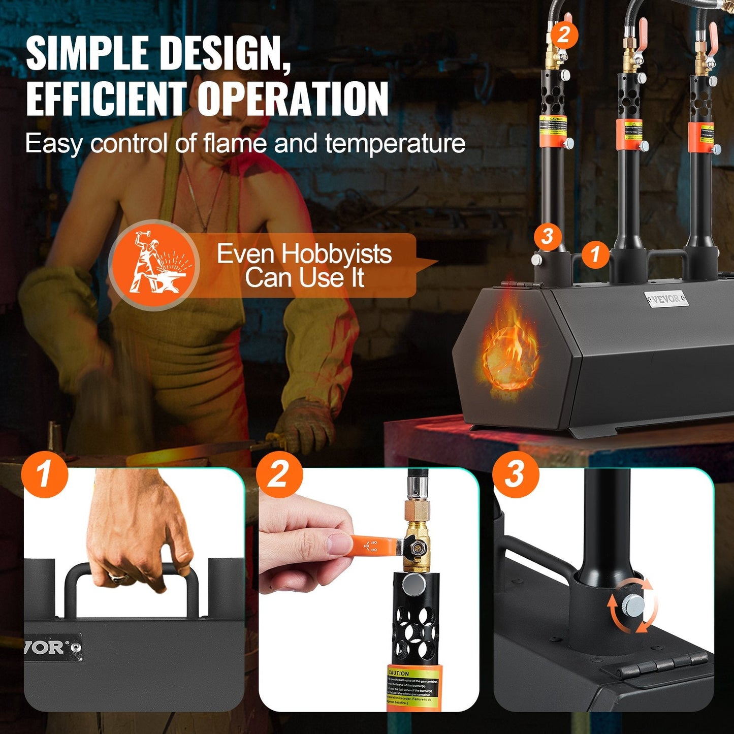 Portable 3-Burner Propane Forge for Metalwork, Max Temp 1427℃, Hexagon Shape