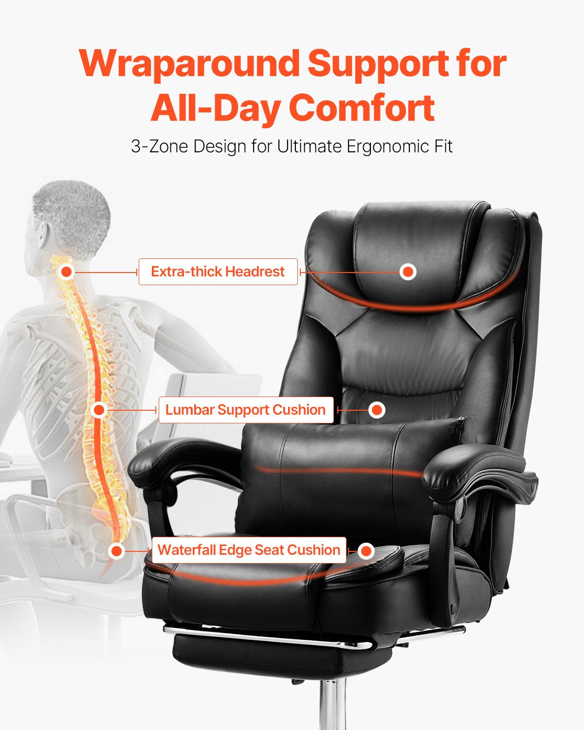 VEVOR Executive Chair High Back Office Chair with Footrest Lumbar Pillow Black
