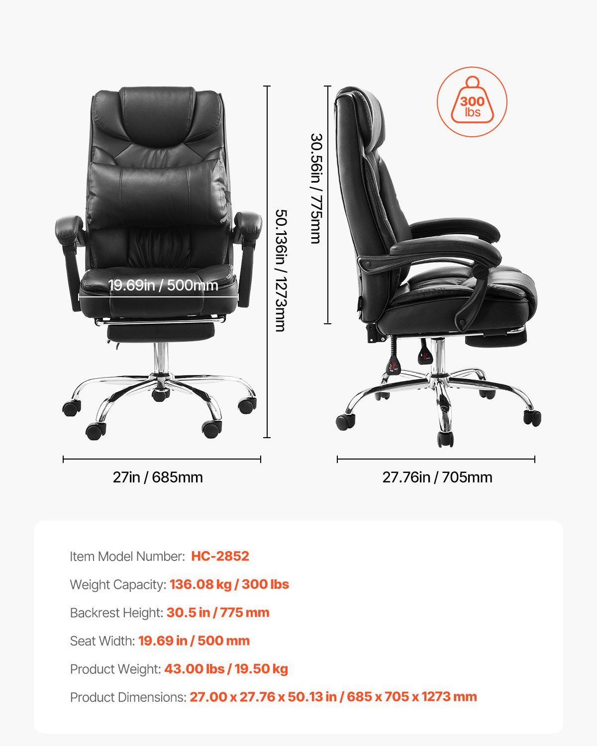 VEVOR Executive Chair High Back Office Chair with Footrest Lumbar Pillow Black