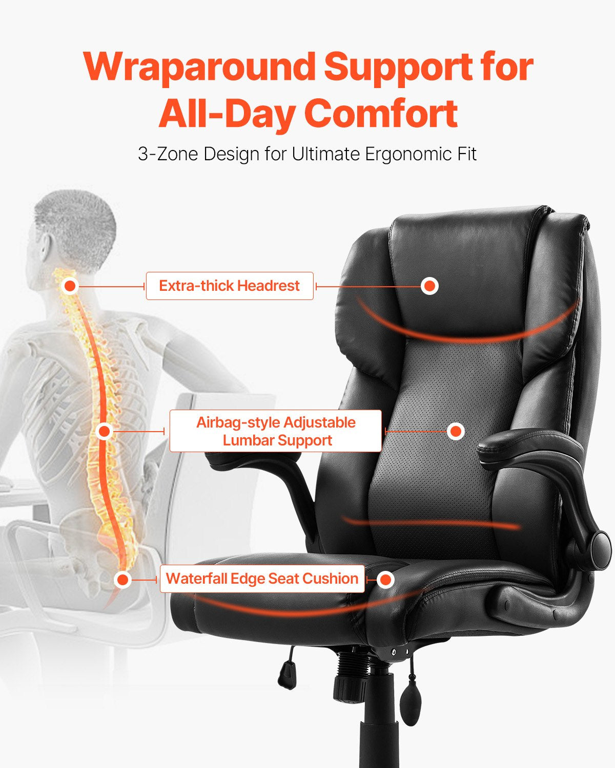 VEVOR Executive Chair High Back Desk Chair Flip-up Armrests Lumbar Support Black