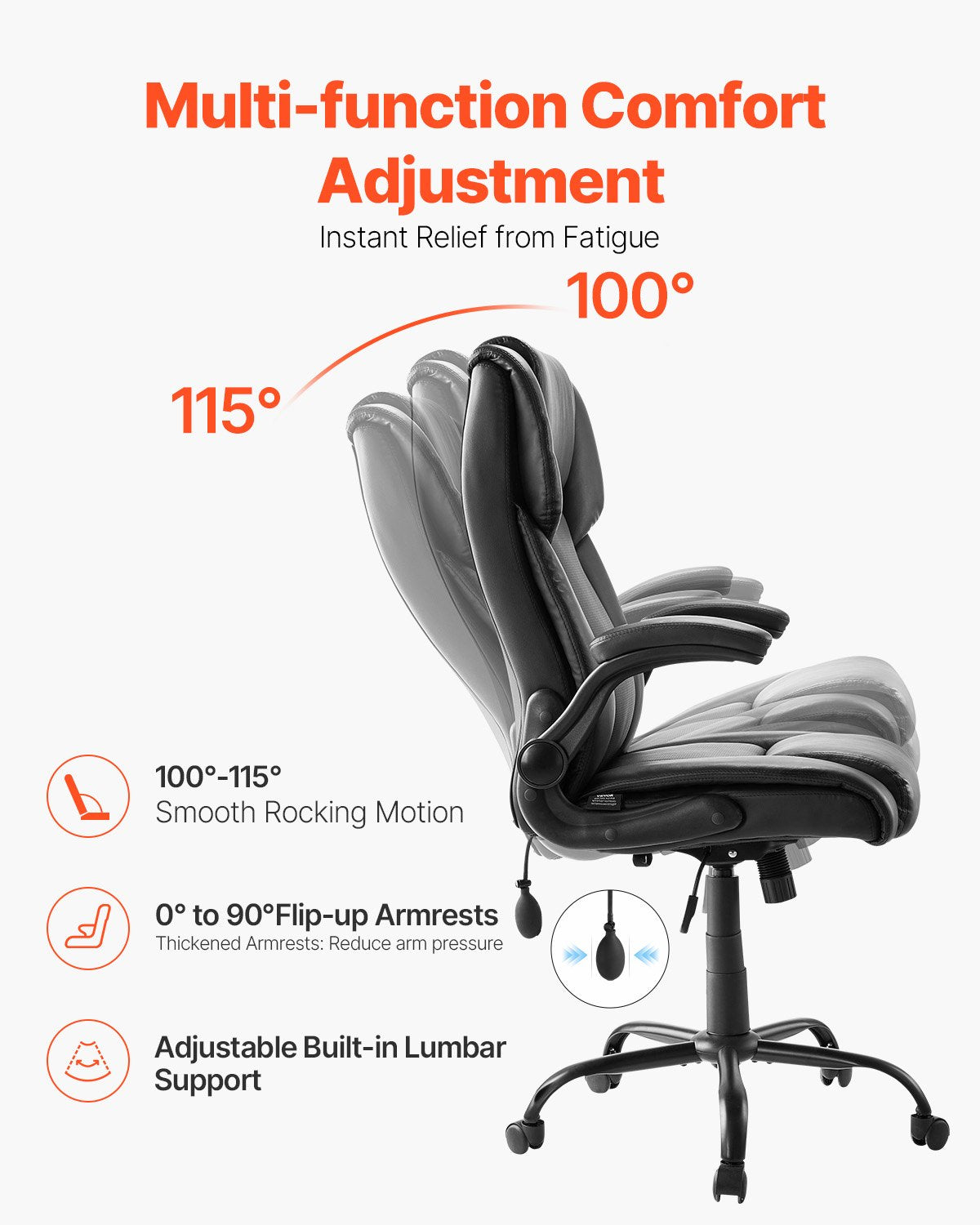 VEVOR Executive Chair High Back Desk Chair Flip-up Armrests Lumbar Support Black