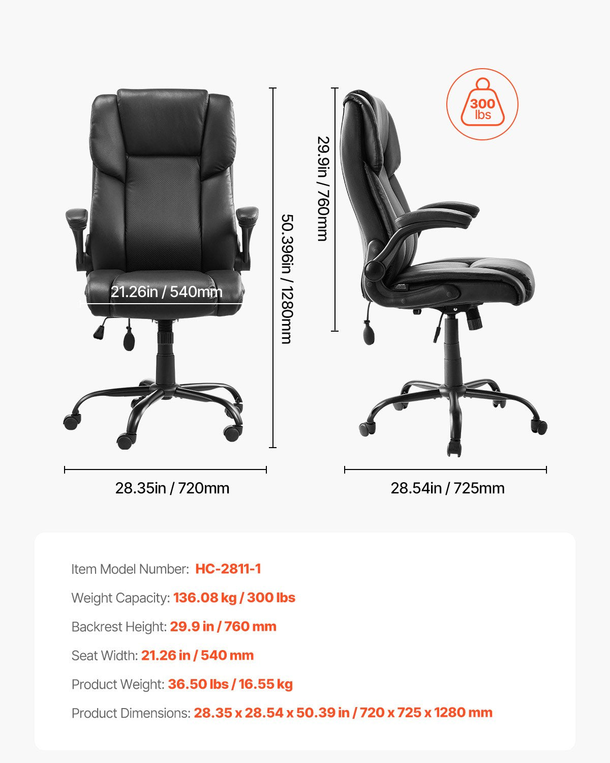 VEVOR Executive Chair High Back Desk Chair Flip-up Armrests Lumbar Support Black