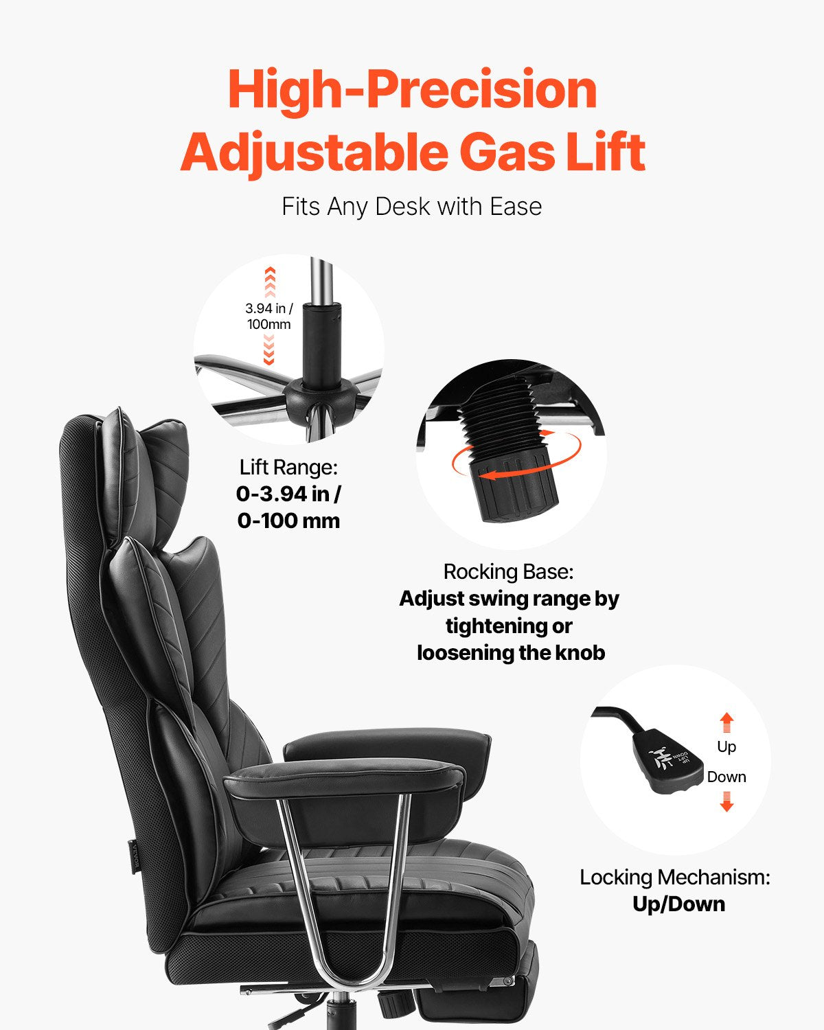 VEVOR Executive Office Chair High Back Chair Footrest & Removable Armrests Black