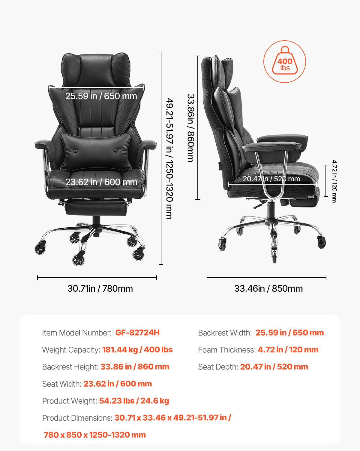 VEVOR Executive Office Chair High Back Chair Footrest & Removable Armrests Black