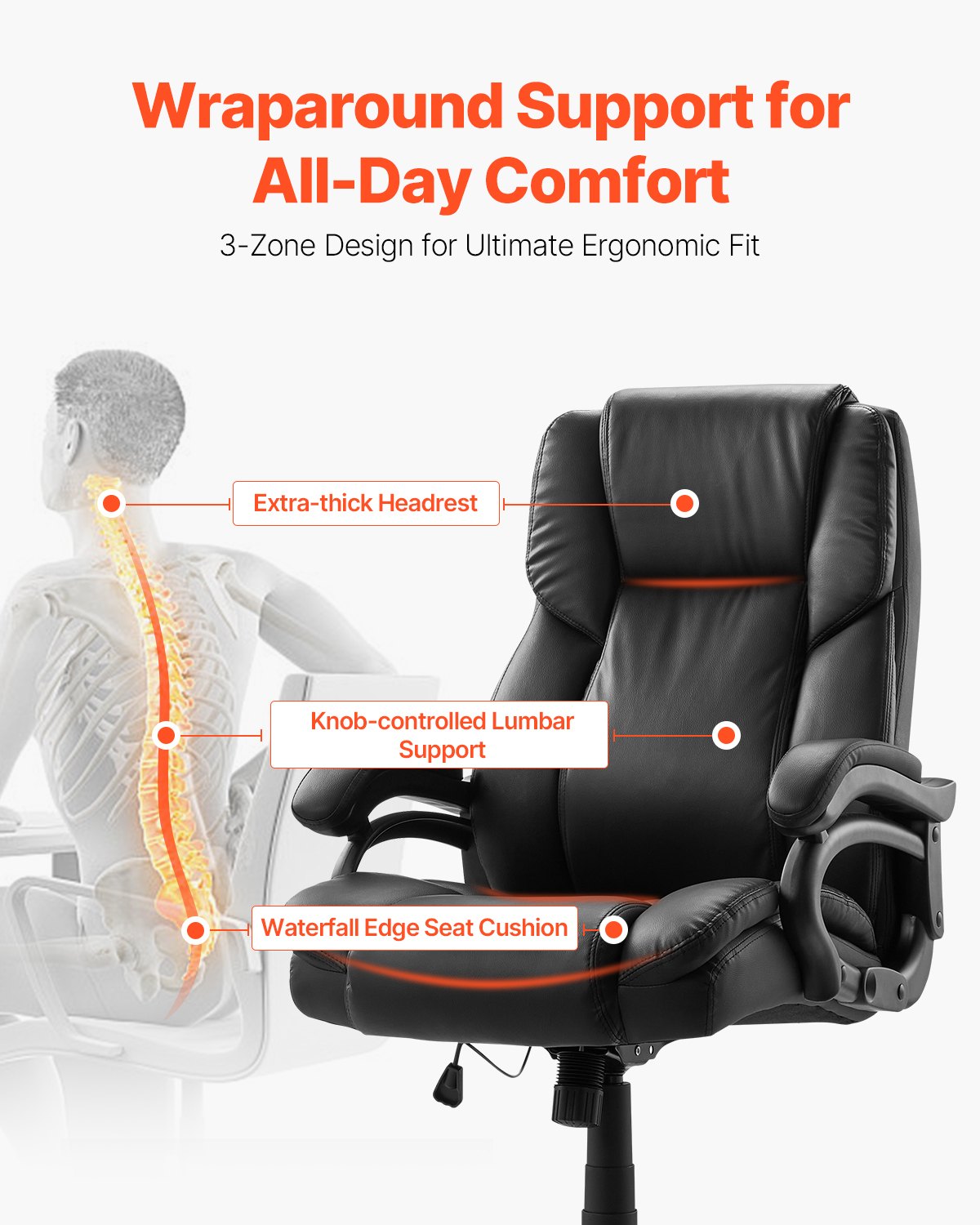 VEVOR Executive Chair High Back Office Chair Knob-Control Lumbar Support Black