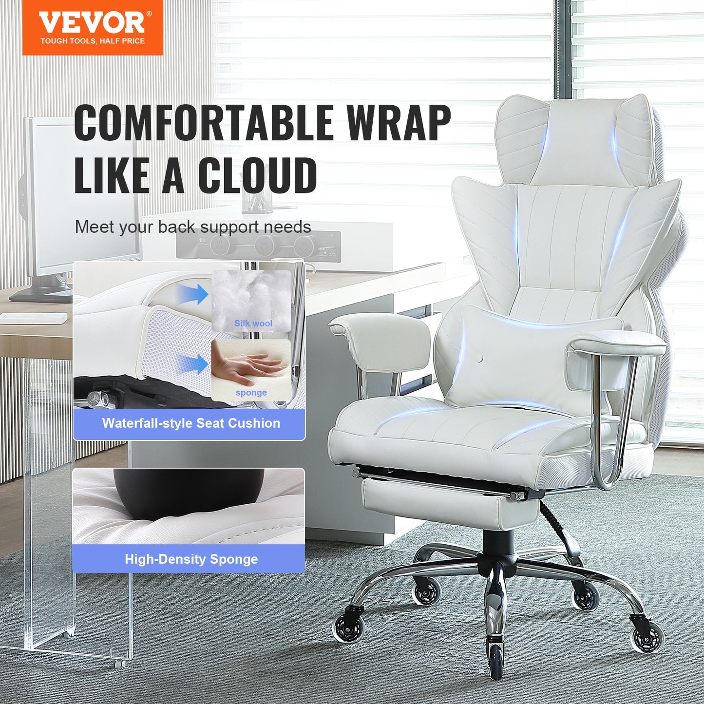VEVOR Reclining Office Chair with Footrest, Heavy Duty PU Leather Wide Office Chair,