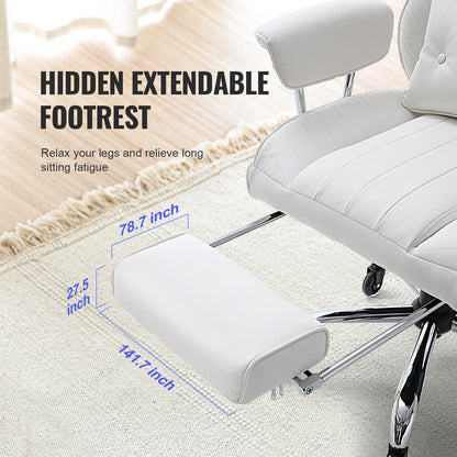 Reclining Executive Chair with Footrest, PU Leather, 159 kg Capacity, White