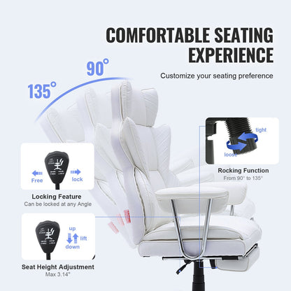 Reclining Executive Chair with Footrest, PU Leather, 159 kg Capacity, White