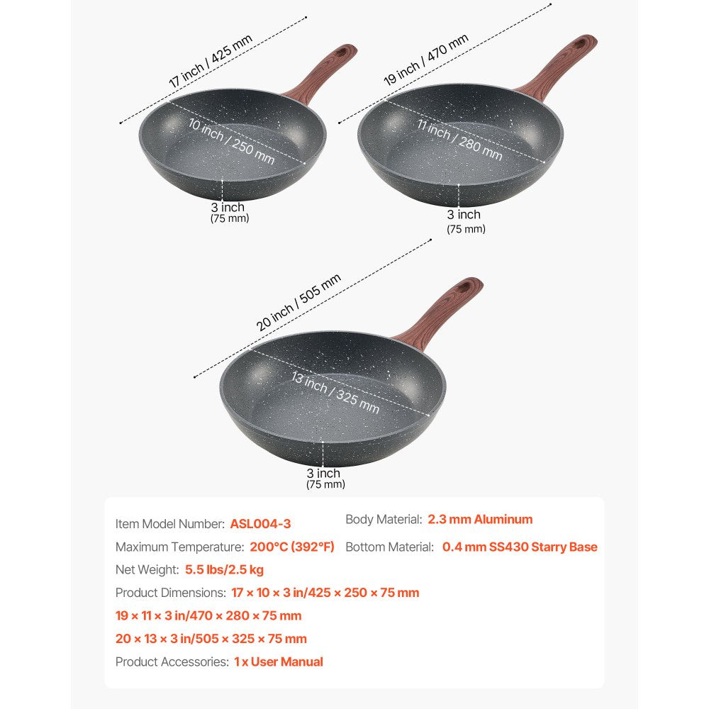 3Pcs Frying Pan Aluminum Skillet Set 250 280 325 mm Nonstick Seasoned Grey