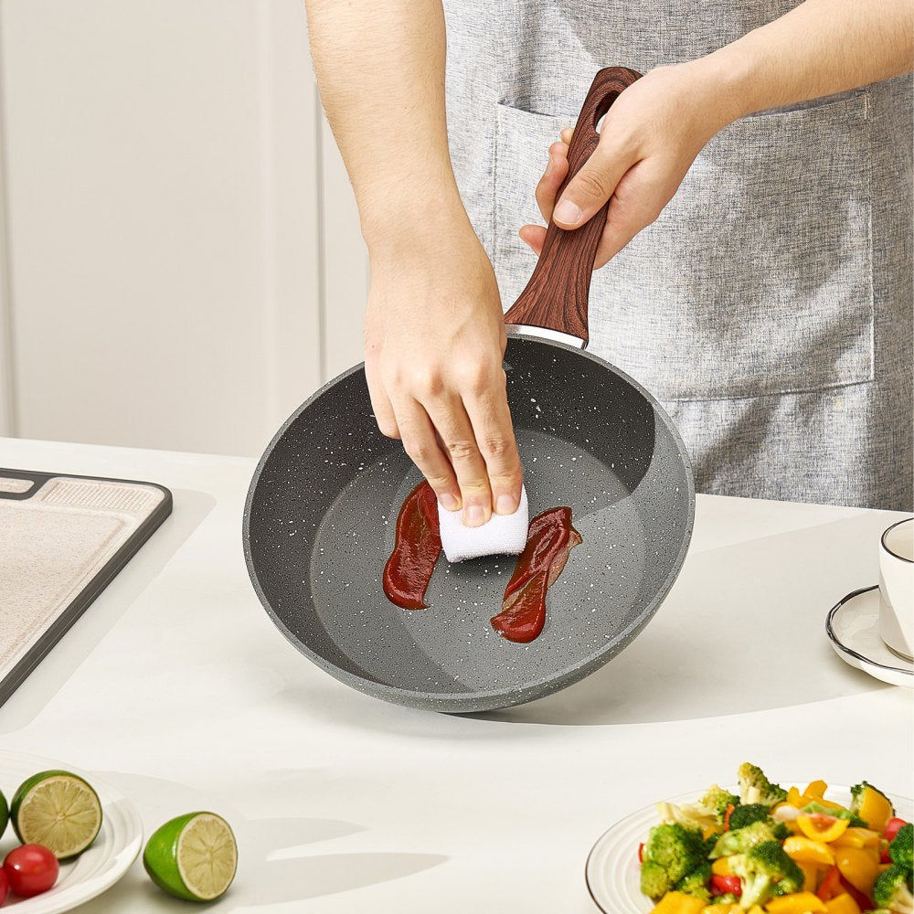 3Pcs Frying Pan Aluminum Skillet Set 250 280 325 mm Nonstick Seasoned Grey