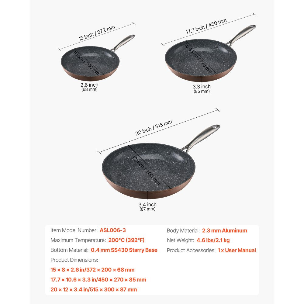 3 Pcs Frying Pan Aluminum Skillet Set 200 270 300 mm Handle Seasoned Grey