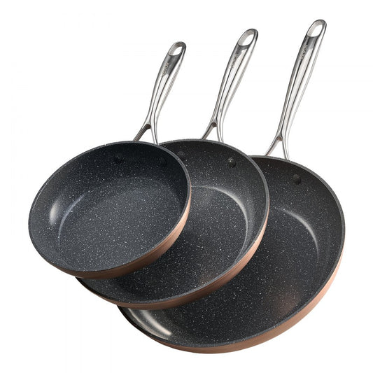 3 Pcs Frying Pan Aluminum Skillet Set 200 270 300 mm Handle Seasoned Grey