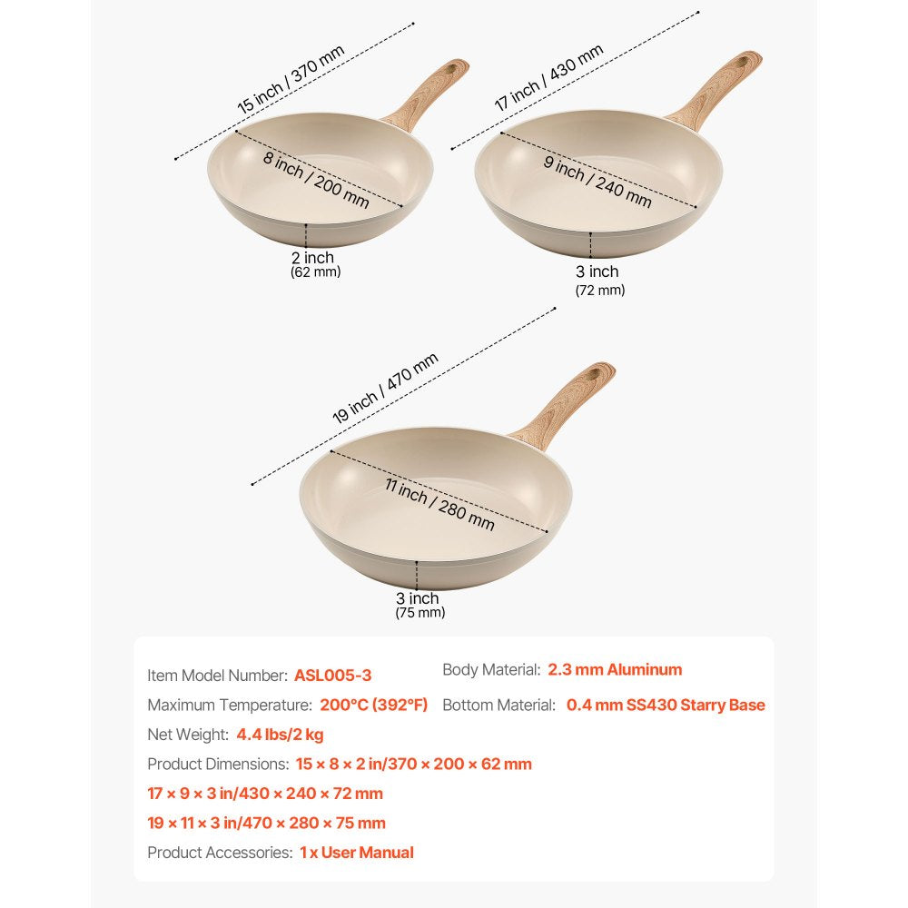 3 Pcs Frying Pan Aluminum Skillet Set 200 240 280 mm Handle Seasoned Beige