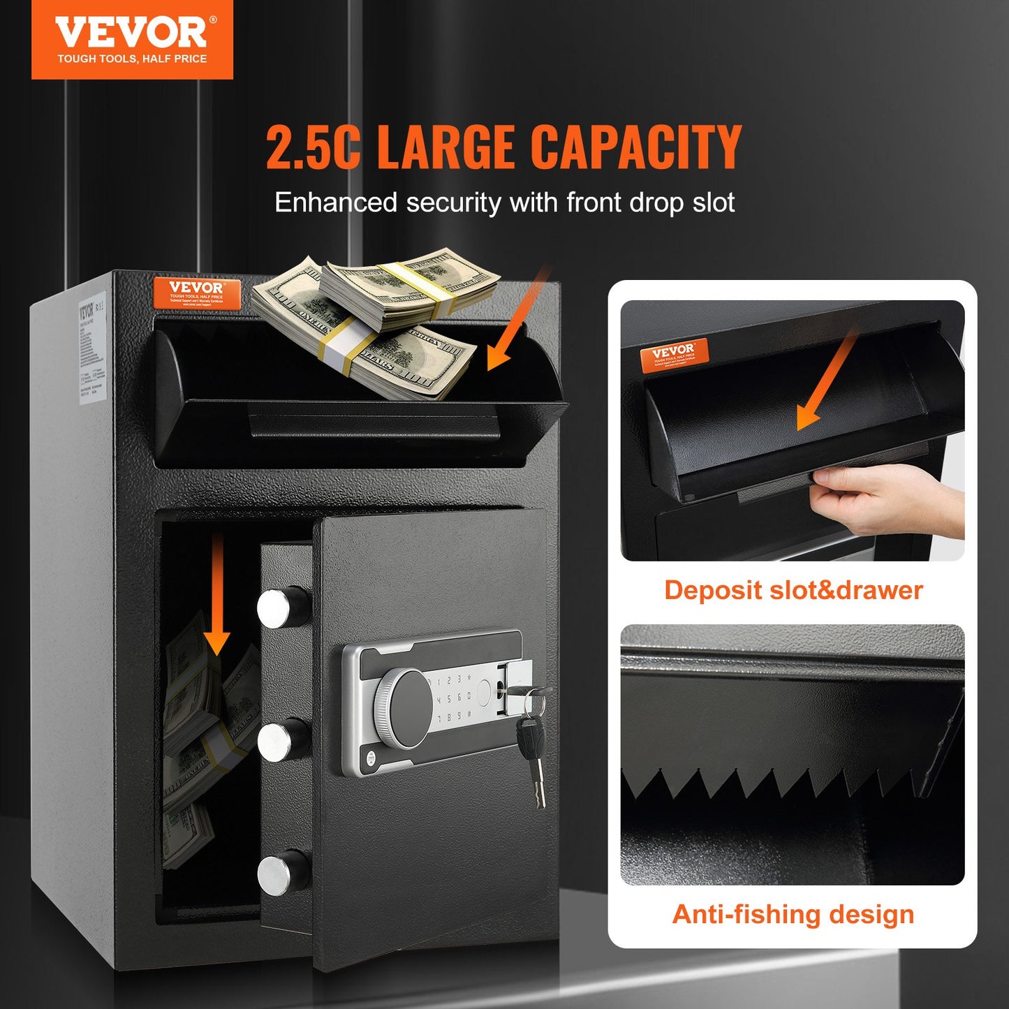 VEVOR 2.5 Cub Depository Safe, Deposit Safe with Drop Slot, Electronic Code Lock