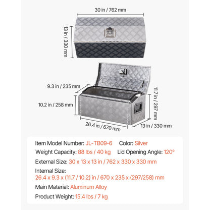 VEVOR 762x330.2x330.2mm Heavy Duty Aluminum Truck Bed Tool Box for Pickup Silver
