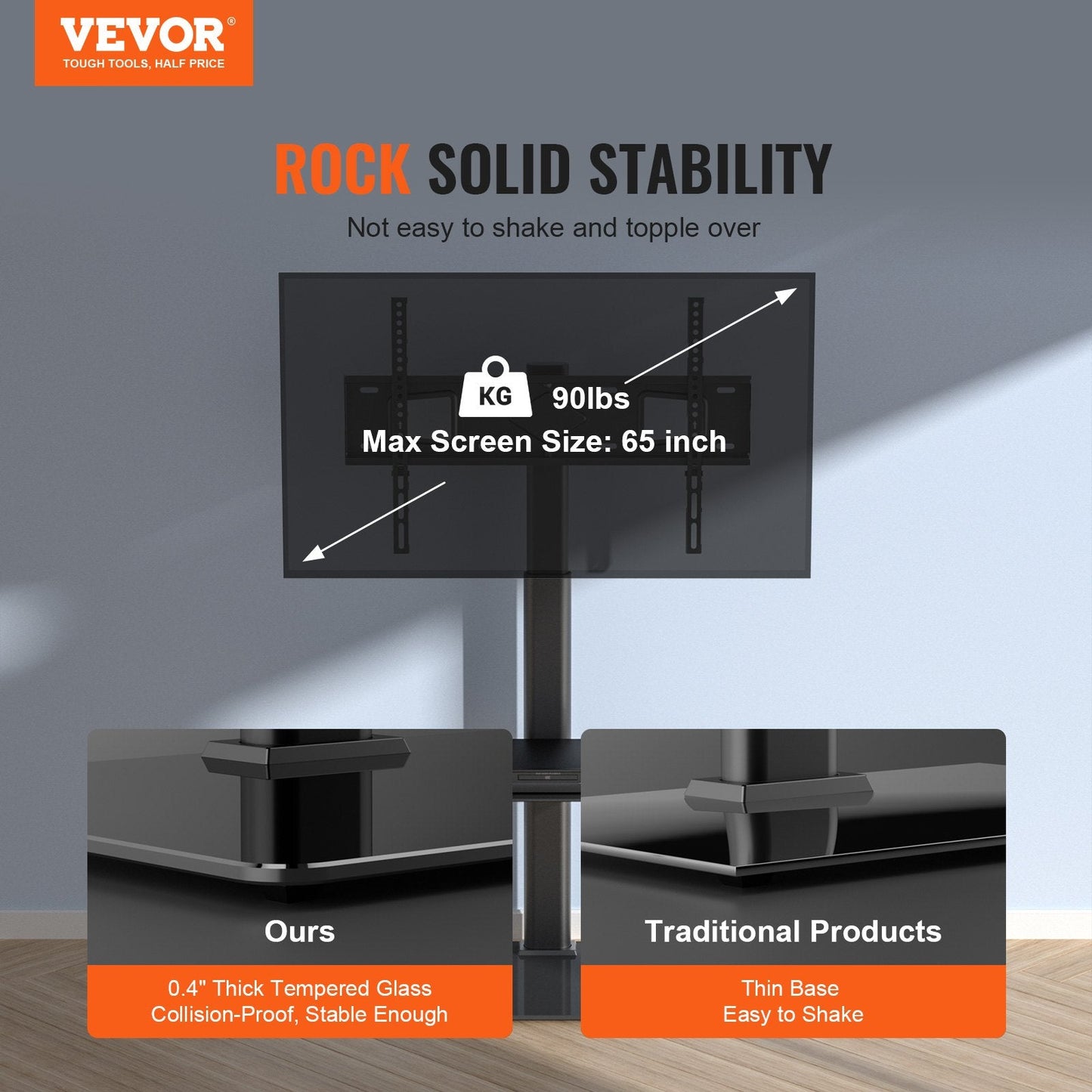Swivel Tall TV Stand for 0.8-1.6m Screens, Adjustable Height & Glass Base