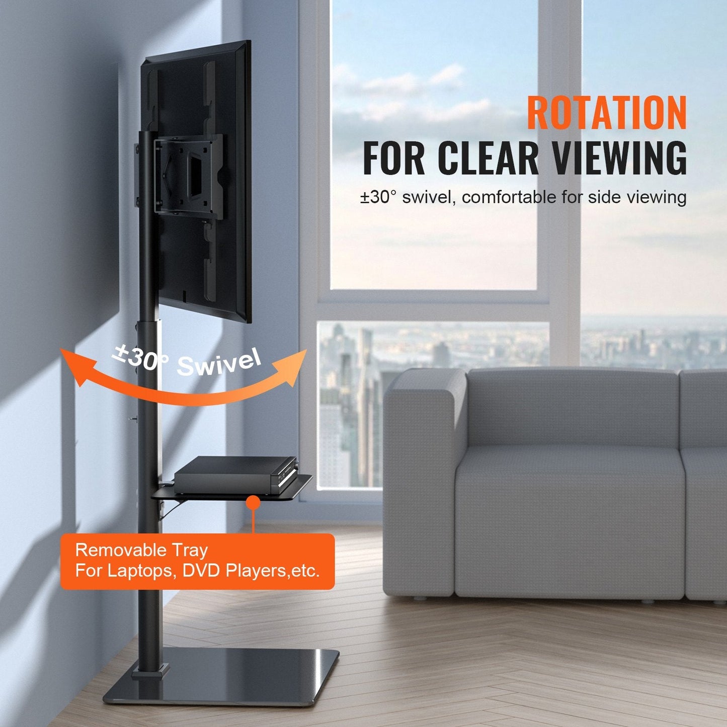 Swivel Tall TV Stand for 0.8-1.6m Screens, Adjustable Height & Glass Base