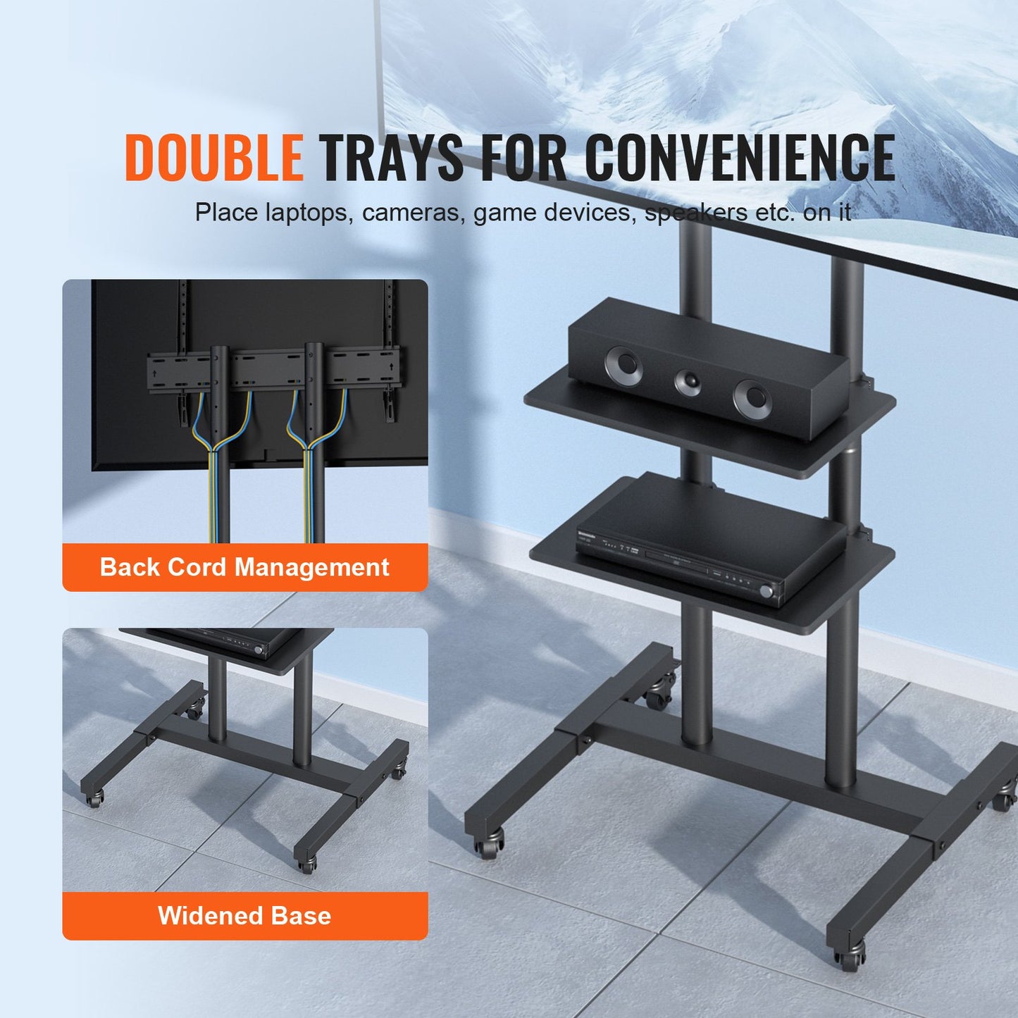 VEVOR Mobile TV Stand, Mobile TV Cart for 32 to 70 inch TVs, Height Adjustable Portable