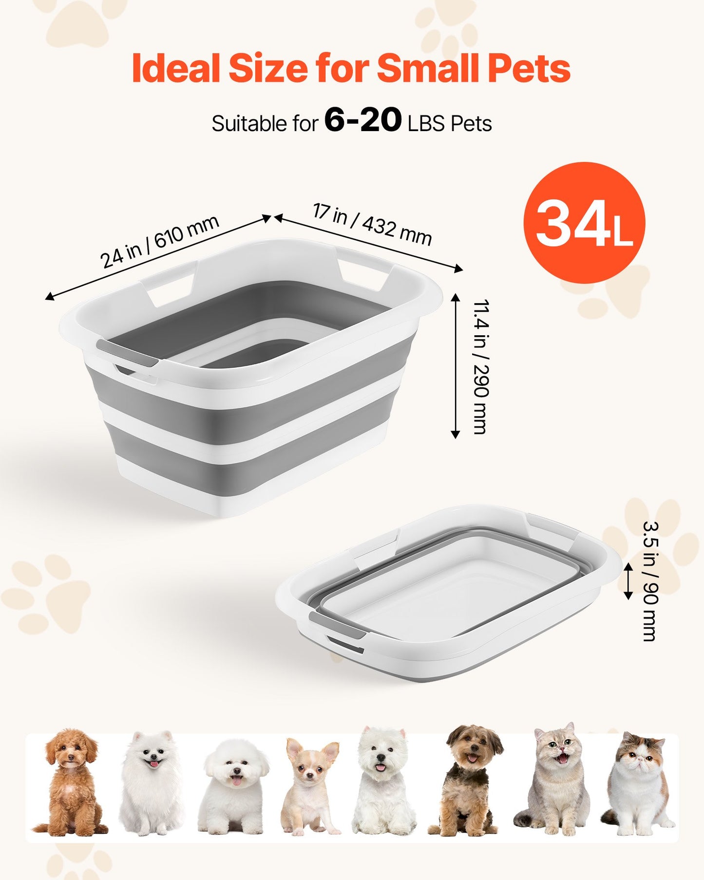 Dog Bathtub, Collapsible Dog Bath Tub, Pet Bathing Grooming Wash Shower Station, Portable Space-saving & Stable Support, Built-In Drainage Hole for Small Pet Puppy Doggie Cat Outdoor, Gray White