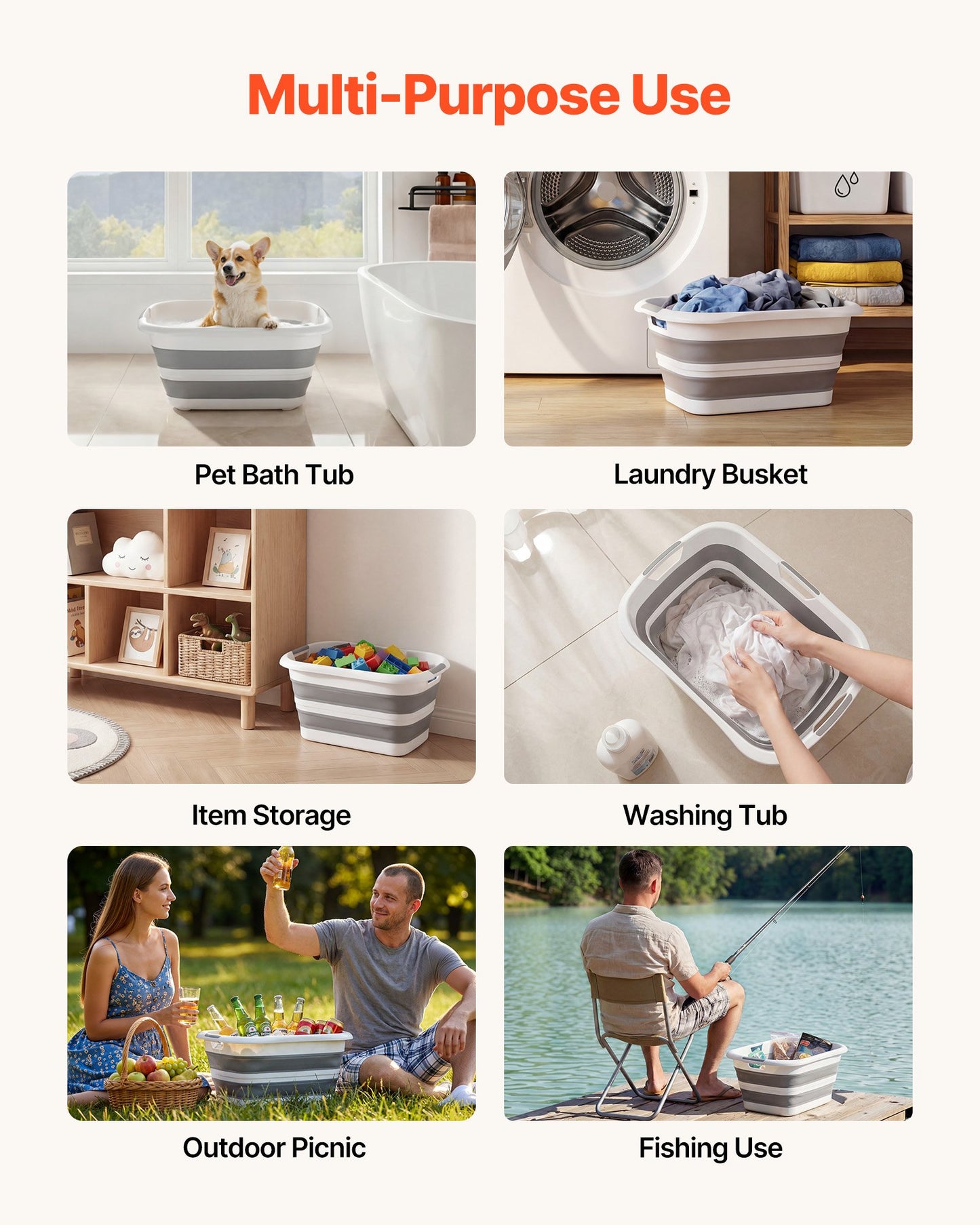 Dog Bathtub, Collapsible Dog Bath Tub, Pet Bathing Grooming Wash Shower Station, Portable Space-saving & Stable Support, Built-In Drainage Hole for Small Pet Puppy Doggie Cat Outdoor, Gray White