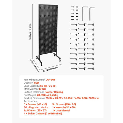 VEVOR Pegboard Display Stand with 30 Hooks & Wheels Pegboard Panel Display Black