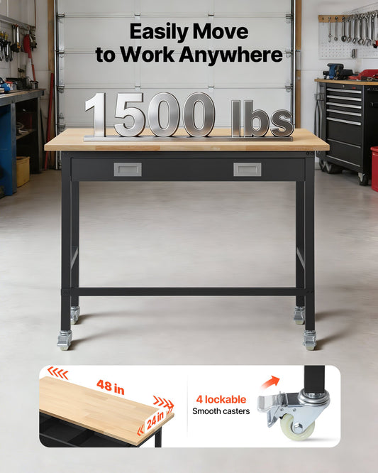 1220 mm Workbench, 680 kg Load Capacity, Garage Workbench with Drawer Storage & Wheels, Workshop Bench on Wheels, Heavy Duty Oak Wood Top Work Table for Garage, Workshop, Office, and Home