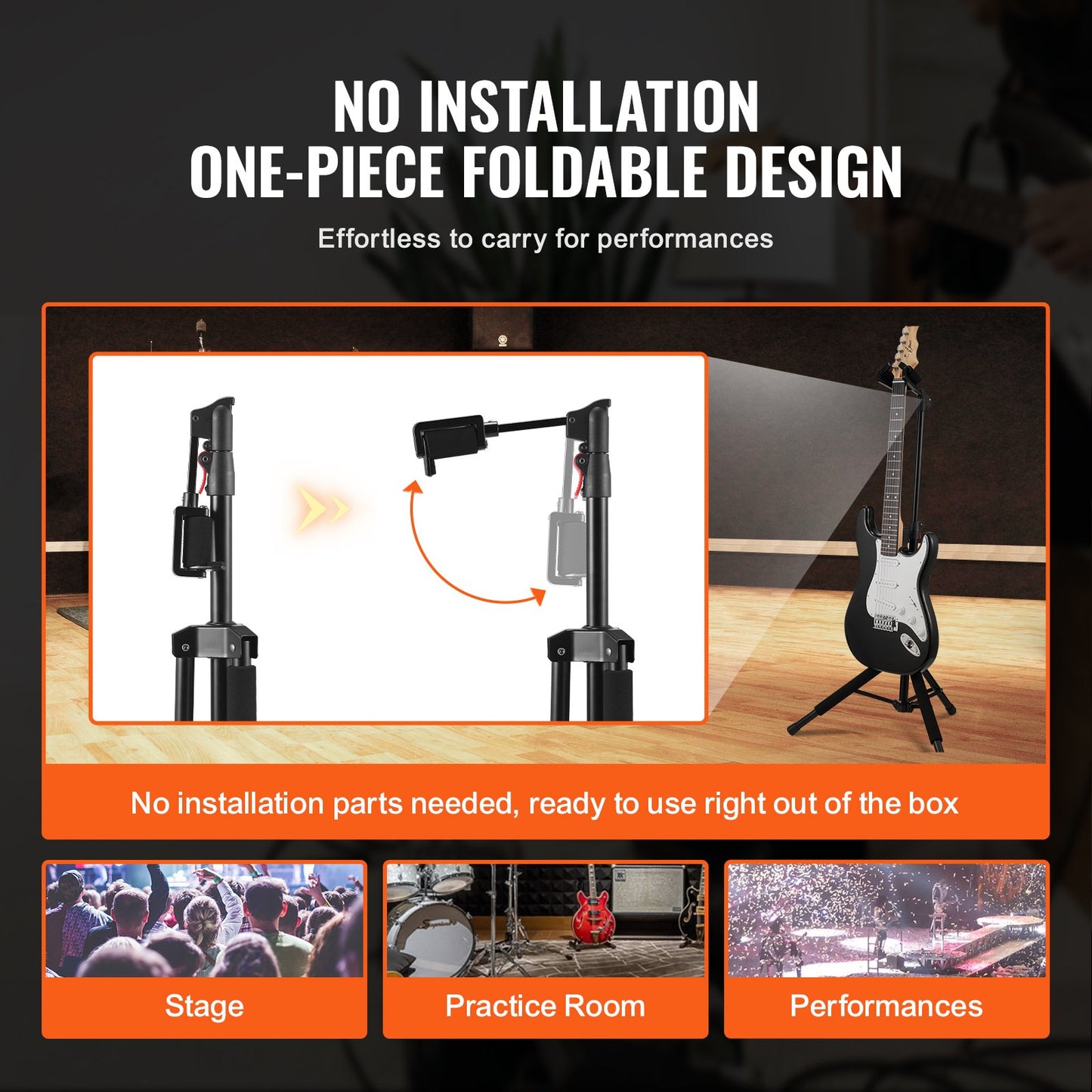 VEVOR Tripod Guitar Stand Floor-Standing Foldable 900-1200 mm Adjustable Height