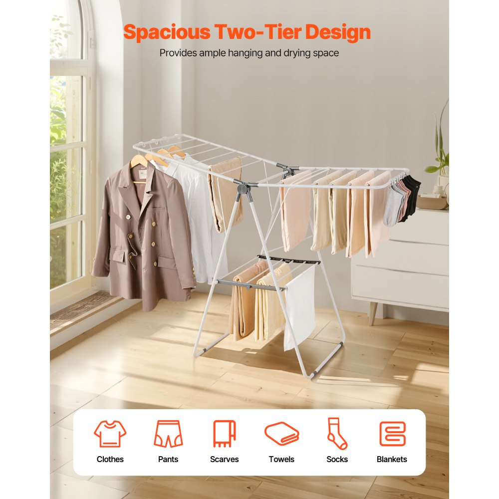 VEVOR 2-Tier Foldable Clothes Drying Rack with Sock Clips & 21 Drying Rods White