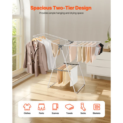 VEVOR 2-Tier Foldable Clothes Drying Rack with Sock Clips & 21 Drying Rods White