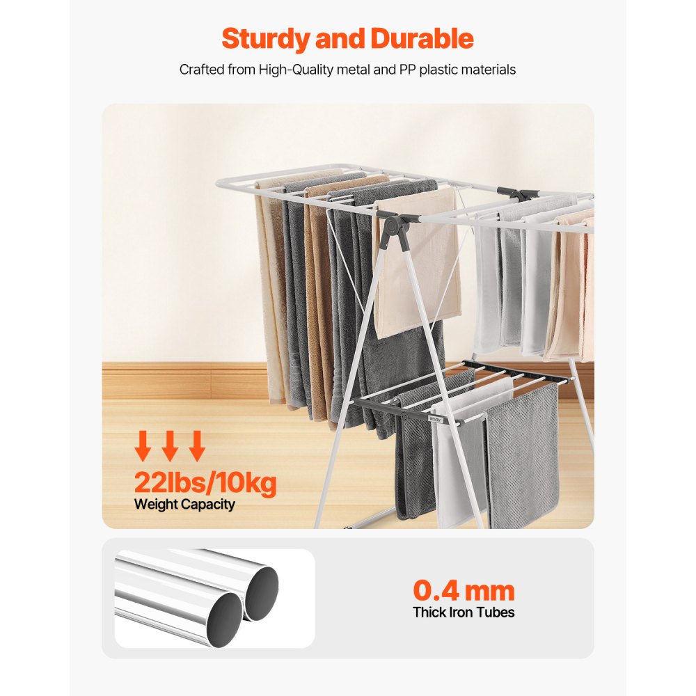 VEVOR 2-Tier Foldable Clothes Drying Rack with Sock Clips & 21 Drying Rods White