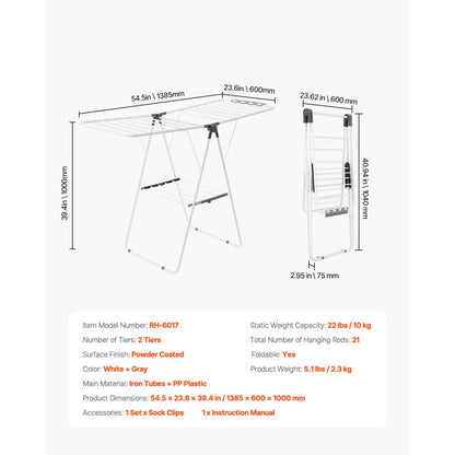 VEVOR 2-Tier Foldable Clothes Drying Rack with Sock Clips & 21 Drying Rods White