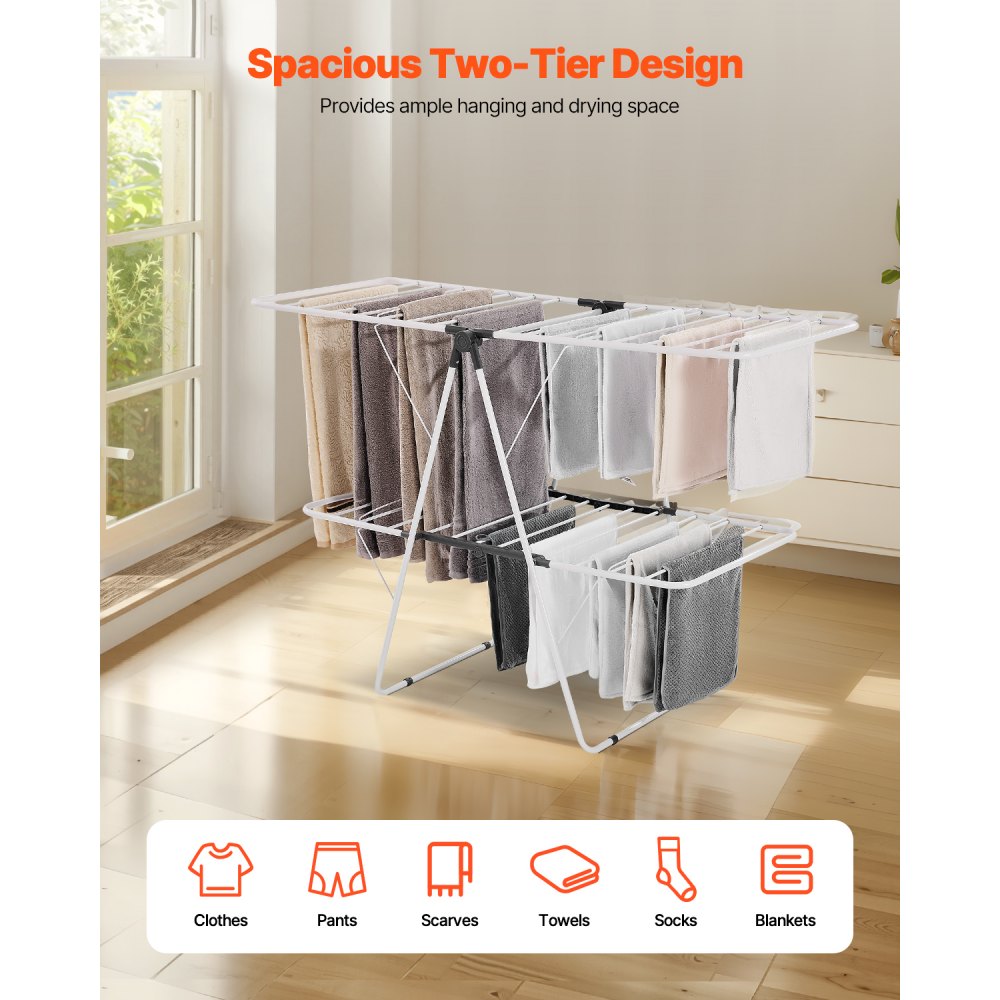 VEVOR 2-Tier Foldable Clothes Drying Rack with Sock Clips & 31 Drying Rods White