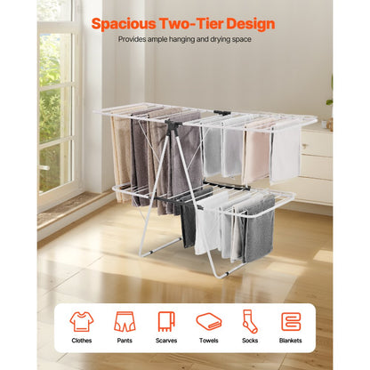 VEVOR 2-Tier Foldable Clothes Drying Rack with Sock Clips & 31 Drying Rods White